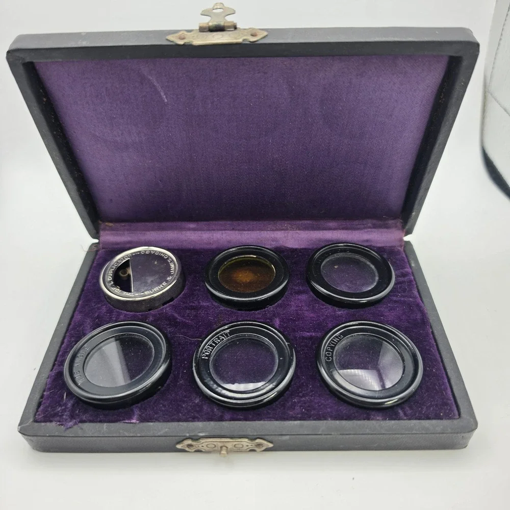 Burke & James Vintage Camera Lens Filter Set Wide Angle Portrait Duplicator Case